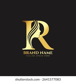 Gold R Beauty Salon Letter Logo for Beauty, Spa and Salon Brands Featuring an Elegant Woman's Profile with Organic Leaf Design on a Dark Background.