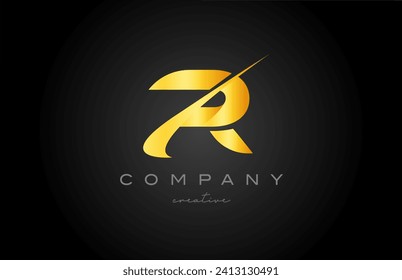 gold R creative letter logo icon design vector illustration with swoosh. Golden template for business or company