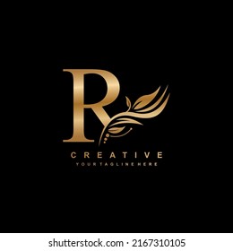 gold R letter logo design with luxurious and beautiful leaf ornament. R Monogram. R typography. gold feather logo. initial letter R logo. suitable for business logo, hotel, boutique, wedding, etc