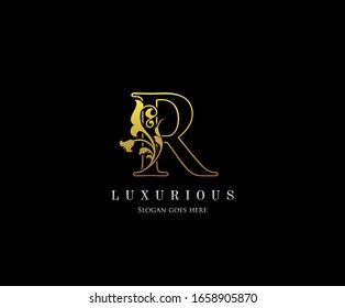 Gold R letter luxury beauty flourishes ornament monogram logo perfect for boutique, wedding invitation, restaurant,hotel.