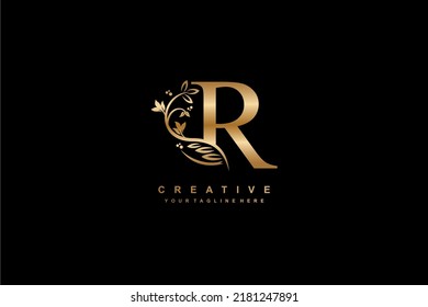 gold R logo design with luxurious and beautiful decoration of flowers, feathers, leaves. R.Monogram. R typography.  initial letter R logo. logo bulu emas. suitable for, business, wedding, boutique, 