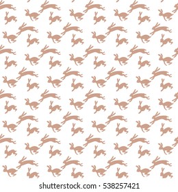 Gold rabbits running on a solid white background. Hand drawn flat design seamless pattern