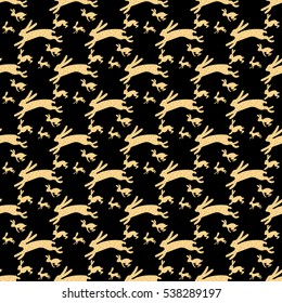 Gold rabbits running on a solid black background Hand drawn flat design seamless pattern.