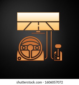 Gold Racing simulator cockpit icon isolated on black background. Gaming accessory. Gadget for driving simulation game.  Vector Illustration