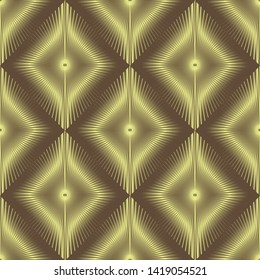 Gold radial 3d vector seamless pattern. Textured ornamental abstract background. Repeat geometric  backdrop. Tiled surface striped rhombus, shapes, lines. Endless texture. Ornamental ornate design
