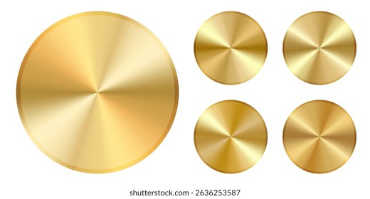 Gold radial color shield. Medal coin circle badge, metal bronze button disc. 3d award seal effect. Vector round dark circular gradient. Brushed golden winner stamp. Warranty diploma stainless plate