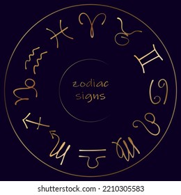 Gold  radial zodiac signs set on dark background. Minimalistic vector set with astrology symbols in a circle diagram.