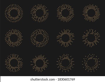 Gold radiant sun burst shapes set. Abstract elements linear sunburst firework. Golden sunlight. Vintage hipster style light rays frames for retro logo or emblem. Isolated on dark vector illustration