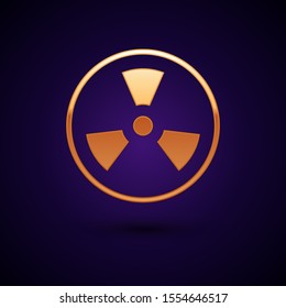 Gold Radioactive icon isolated on dark blue background. Radioactive toxic symbol. Radiation Hazard sign.  Vector Illustration