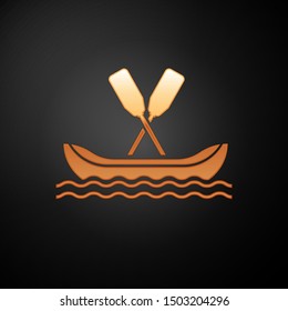 Gold Rafting boat icon isolated on black background. Kayak with paddles. Water sports, extreme sports, holiday, vacation, team building.  Vector Illustration