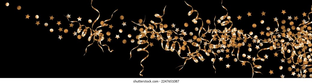 Gold Rain Bright Vector Panoramic Background. Luxury Star Invitation. Golden Round Paper Backdrop. Shine Modern Postcard.