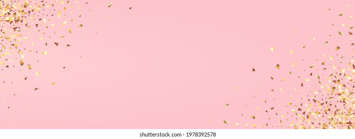 Gold Rain Golden Panoramic Pink Background. Christmas Dust Texture. Golden Tinsel Light Wallpaper. Triangle Bridal Card.
