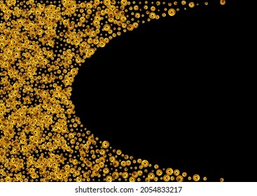Gold Rain Isolated Vector Black Background. Abstract Circle Texture. Yellow Sequin Transparent Card. Round Happy Design.