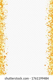 Gold Rain Modern Transparent Background. Golden Sparkle Invitation. Golden Polka Vector Pattern. Dust Christmas Texture.