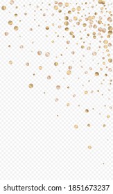 Fondo Transparente De Lluvia De Oro. Patrón de polvo de efecto. Papel de fondo de pantalla de vacaciones de broze Sparkle. Ilustración Aislada De Splash.