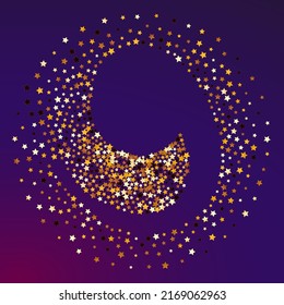 Gold Rain Vector Purple Background. Sparkling Falling Glow Template. Space Glamour Illustration.  Shiny Shiny Sky Wallpaper.