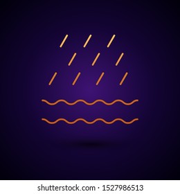 Gold Rain and waves icon isolated on dark blue background. Rain cloud precipitation with rain drops.  Vector Illustration