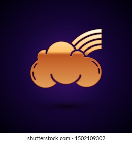 Gold Rainbow with clouds icon isolated on dark blue background.  Vector Illustration