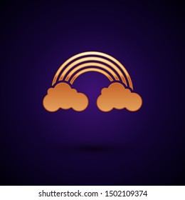 Gold Rainbow with clouds icon isolated on dark blue background.  Vector Illustration