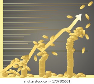Gold  raise high speed arrow chart transformation, ascending arrow,gold chart.Vector illustration