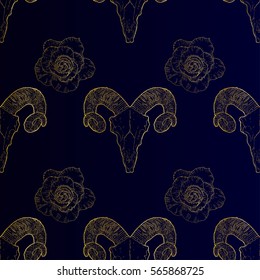 Gold Ram Skull in vintage style on a dark background. Tattoo design, mystic symbol. New school dotwork. Boho design. Print, posters, t-shirts and textiles
