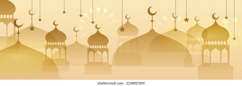 Gold Ramadan background with stars, moon, mosque, hanging lantern decoration elements. Vector greeting card eid mubarak or seasonal sale banner