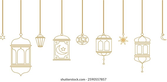 Gold Ramadan Kareem Border and Ornaments, Islamic art Style Background. 
Symbols of Ramadan Mubarak, Hanging Gold Lanterns, Arabic Lamps, Lanterns Moon, Lanterns Star, Art vectors and Illustrations