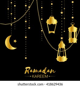 Gold Ramadan Kareem celebration greeting card. Hanging arabic lamps, stars and crescent moon. Holy month of muslim. Symbol of Islam. Moon Ramadan. Vector illustration.