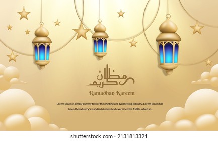 Gold ramadhan kareem islamic greeting card with fanoos lantern vector