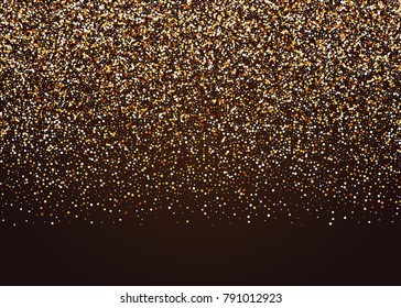 Gold random falling foil holiday confetti. Shimmer celebration transparent background. Luxury shine vector party illustration. Birthday carnival glitter. Shiny design banner glowing invitation card.