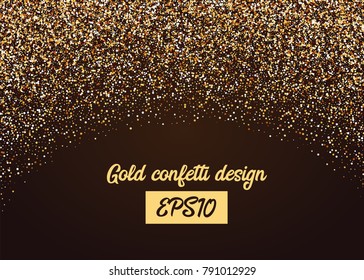 Gold random falling holiday confetti. Shimmer celebration transparent background. Luxury shine vector party illustration. Birthday carnival glitter. Shiny frame design banner glowing invitation card.