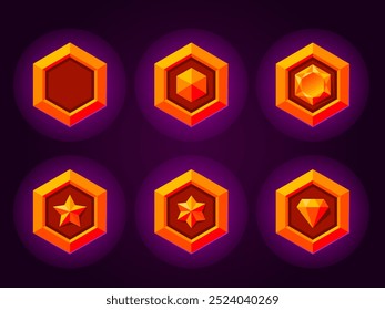 Gold rank badges set for games. Golden rank badges emblems. Metallic style. Diamond, gemstone, star objects. Magis style.