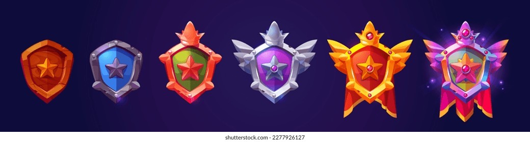 Insignias de logro de la clasificación de oro para el juego. Iconos de premio de escudos de madera, metal, bronce, dorado y plata con ilustraciones de dibujos animados de estrella, corona y flor, vectores