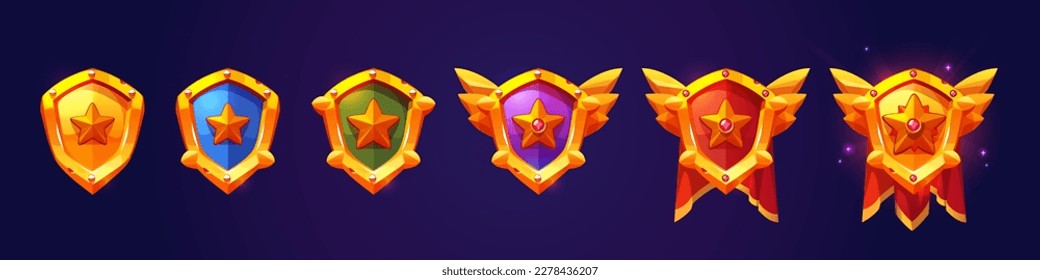 Gold ranking achievement badges for game. Award icons of golden shields with star, wings and red pennant, vector cartoon illustration. Rating trophy, reward interface set