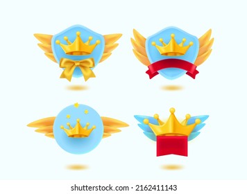 Gold rating badges with king crowns. 3d vector set