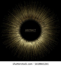 Gold rays or lines with glowing particles fly out of black hole. Abstract vector background with place for your content. Easy to change colors