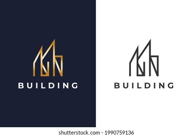 Gold Real Estate Logo Design with Line Style. Construction, Architecture or Building Logo Design