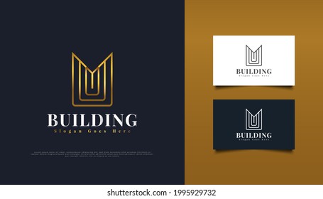 Gold Real Estate Logo Design with Initial Letter M in Minimalist Concept. Construction, Architecture or Building Logo Design Template