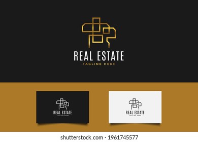Gold Real Estate Logo with Line Style. Construction, Architecture or Building Logo Design Template