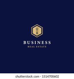 Gold real estate logo on royal blue background