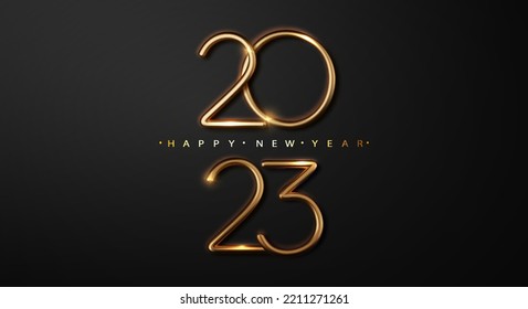 Gold Realistic 2023 New Year 2023 lettering on the black background. Design element for poster, flyer, postcard.