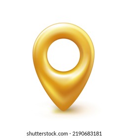 Gold realistic 3D map pin pointer icon. Isolated on a white background. Vector illustration.