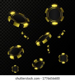 Gold realistic chips in the air. Online casino game gambling 3d vector concept.