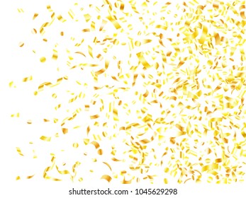 Gold realistic confetti flying on white holiday  banner background. Trendy tinsel sparkle elements flying, gradient foil texture serpentine streamers confetti falling Christmas backdrop.