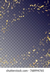 Gold realistic confetti flying on transparent vector illustration. Rich tinsel sparkle elements flying, gradient foil texture serpentine streamers confetti falling New Year backdrop.