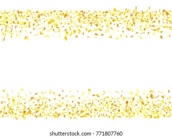 Gold realistic confetti flying on white holiday  banner background. Luxurious tinsel sparkle elements flying, gradient foil texture serpentine streamers confetti falling carnival backdrop.
