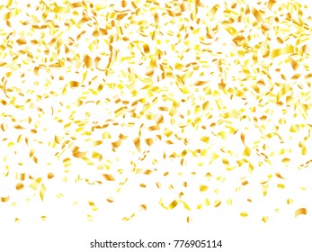 Gold realistic confetti flying on white holiday  banner backdrop. Trendy tinsel sparkle elements flying, gradient foil texture serpentine streamers confetti falling birthday background.