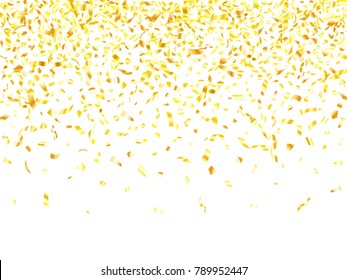 Gold realistic confetti flying on white holiday  background design. Creative tinsel sparkle elements flying, gradient foil texture serpentine streamers confetti falling carnival backdrop.