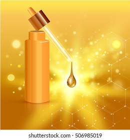Gold realistic cosmetic tube poster with collagen solution cream or essence on background vector illustration