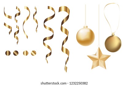 Gold realistic decoration. Serpentine, balls, star. High quality.